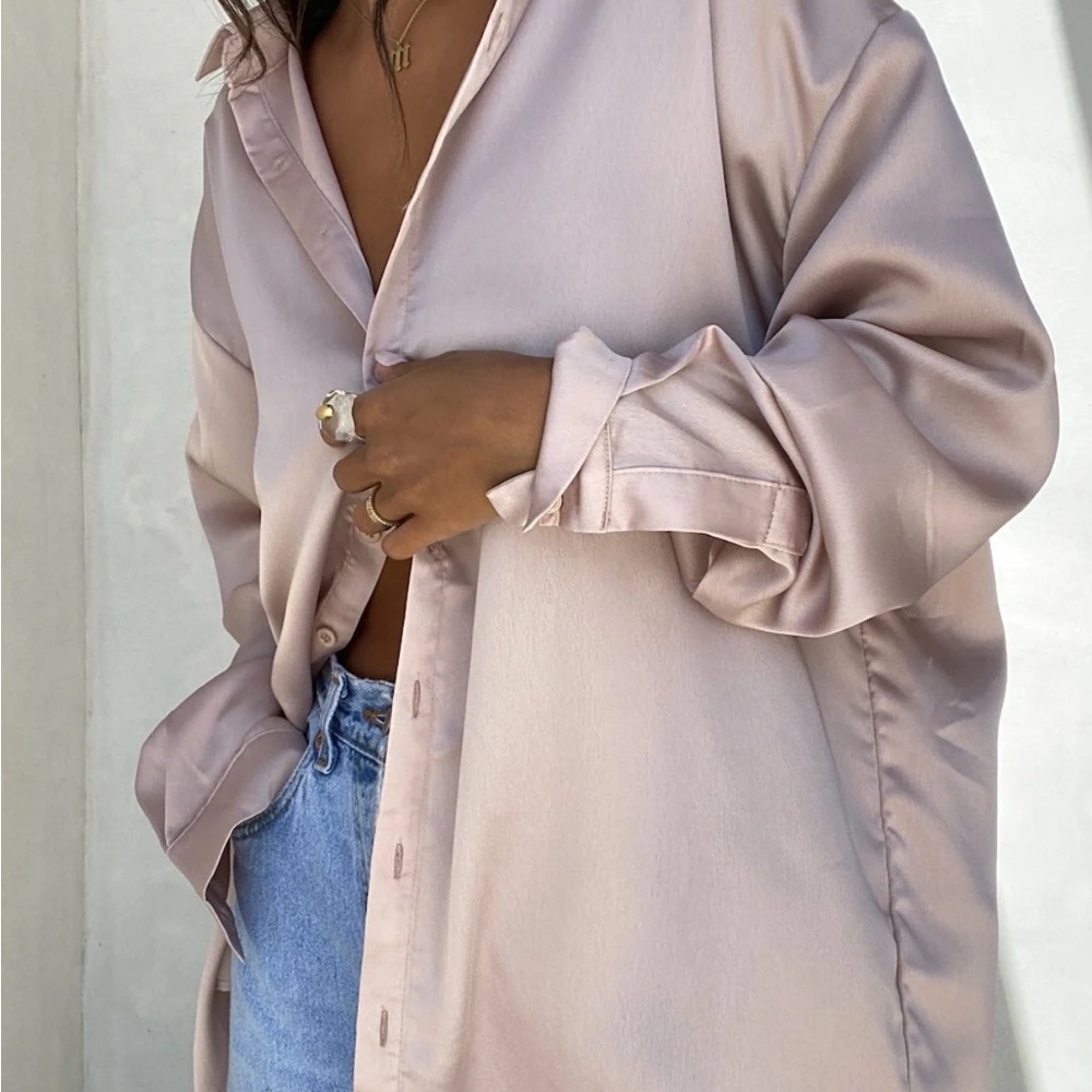 Women's Satin Button Down Shirt - Light Pink